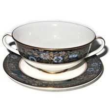 Royal Doulton CARLYLE Blue Flower Gold Leaves Teal Band Cream Soup Bowl & Saucer