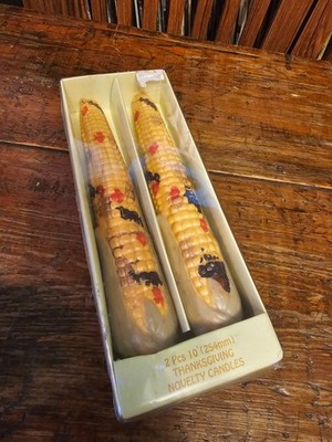 Vintage Mid Century Indian Corn Figural Thanksgiving Fall Harvest Candles 10''