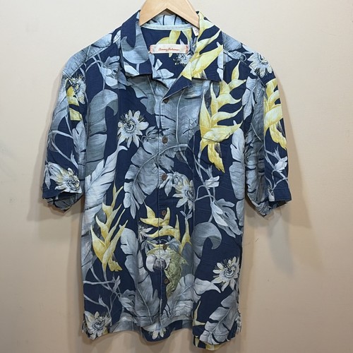 Tommy Bahama, Tommy Bahama Shirt Mens L Blue Floral Wood Button Up Silk Loop Collar Vintage