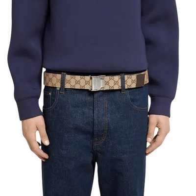 Authentic Men's Gucci Beige GG Supreme Monogram Canvas Lift Buckle Belt New