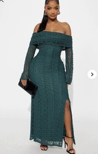 NWT Fashion Nova Maxi Dress Corinna Off Shoulder Stretch Lace Dark Teal Sz M