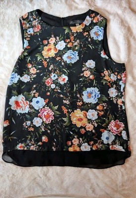 Rose & Olive Black Floral Tank Sleeveless Round Neck Lined Size Small Women's 
