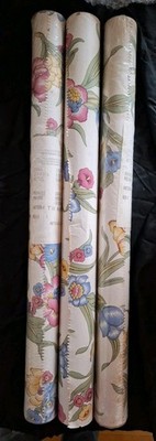 3 Double Rolls Horizons NOS Wallpaper Wallcovering Large Floral Print Pink Blue 