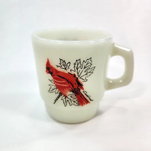 Anchor Hocking Fire King Milk Glass Red Cardinal Bird Mug Cup (READ CONDITION)