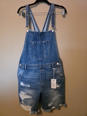 Risen Jeans Denim Short Overalls Women s Large Distressed Festival Casual