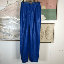 Vintage Womens Soft Leather Lined Pleated Straight Trouser Pants Royal Blue Size