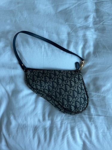 Christian Dior Vintage Saddle Bag Diorissimo Canvas Mini Navy Authentic