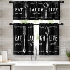 Black White Kitchen Window Curtains Valance and Tier Set 36 Inch Farmhouse Ea...