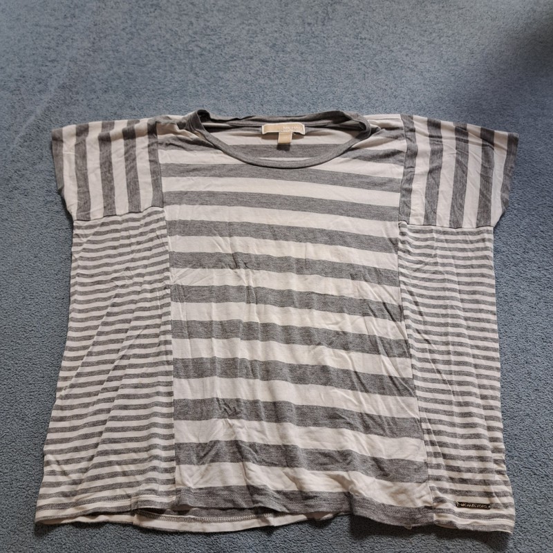 Michael Kors Short-sleeved Shirt Gray White Striped Casual Round Neck Pullover