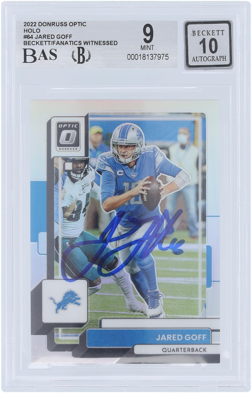 Jared Goff Lions Signed 2022 Panini Donruss Optic Holo Prizm #64 BAS 9/10 Card