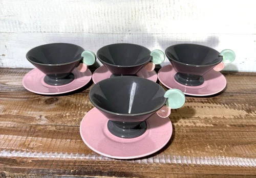 Set of 4 Rare Vintage 1980s Memphis Milano Style Tea Cups & Saucers – Postmodern