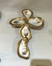 Oyster Shell on Wood Cross Gold and Silver Accent 10" x 6.25"