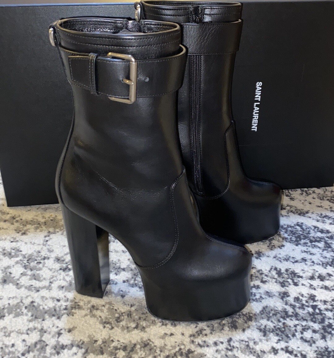 Saint Laurent Mina Cherry Buckle Platform Booties in Smooth 
