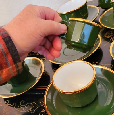 Walkure Jade Green Gold Gilt Demitasse Tea Cup And Saucer 8 + Set 17 Pieces SPM