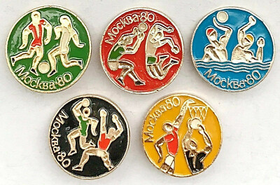 5 USSR OLYMPIC PINS. MOSCOW-80. SOCCER VOLLEYBALL WATER POLO HANDBALL BASKETBALL