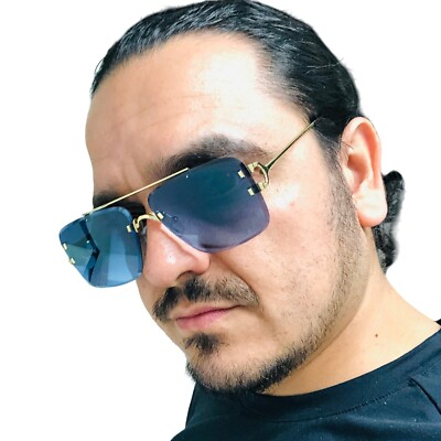 Rimless Sunglasses Men Square Blue Lens Gold Frame Fashion Shades Trendy Lentes