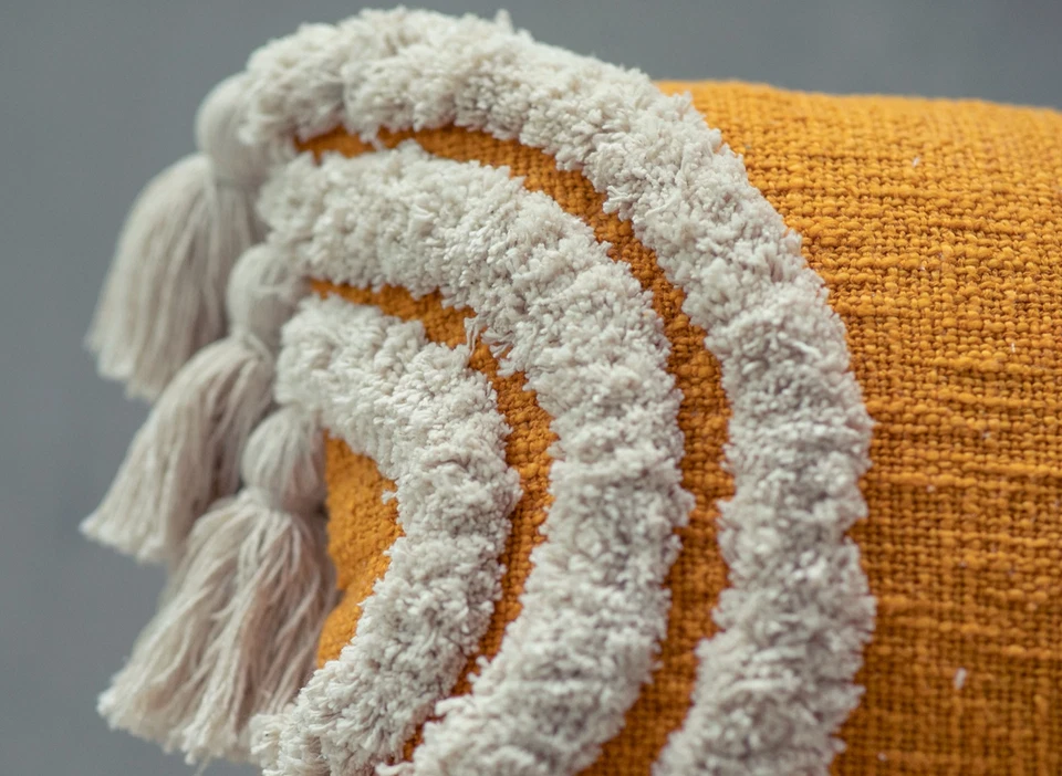 Mustard Yellow & Ivory Boho Textured Tassel Pillow Cover Tufted Textured - Image 3 of 4