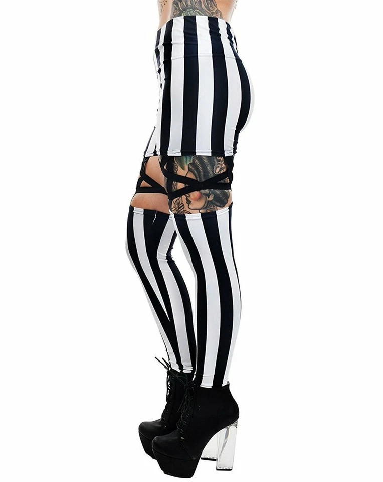 Leggings listradas alça liga pentagrama circo noturno gótico demais rápido demais  - Imagem 4 de 4