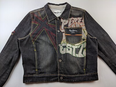 Pepe Jeans London Women 2XL Relaxed Black Denim Graphic Jacket Classic Hip Hop