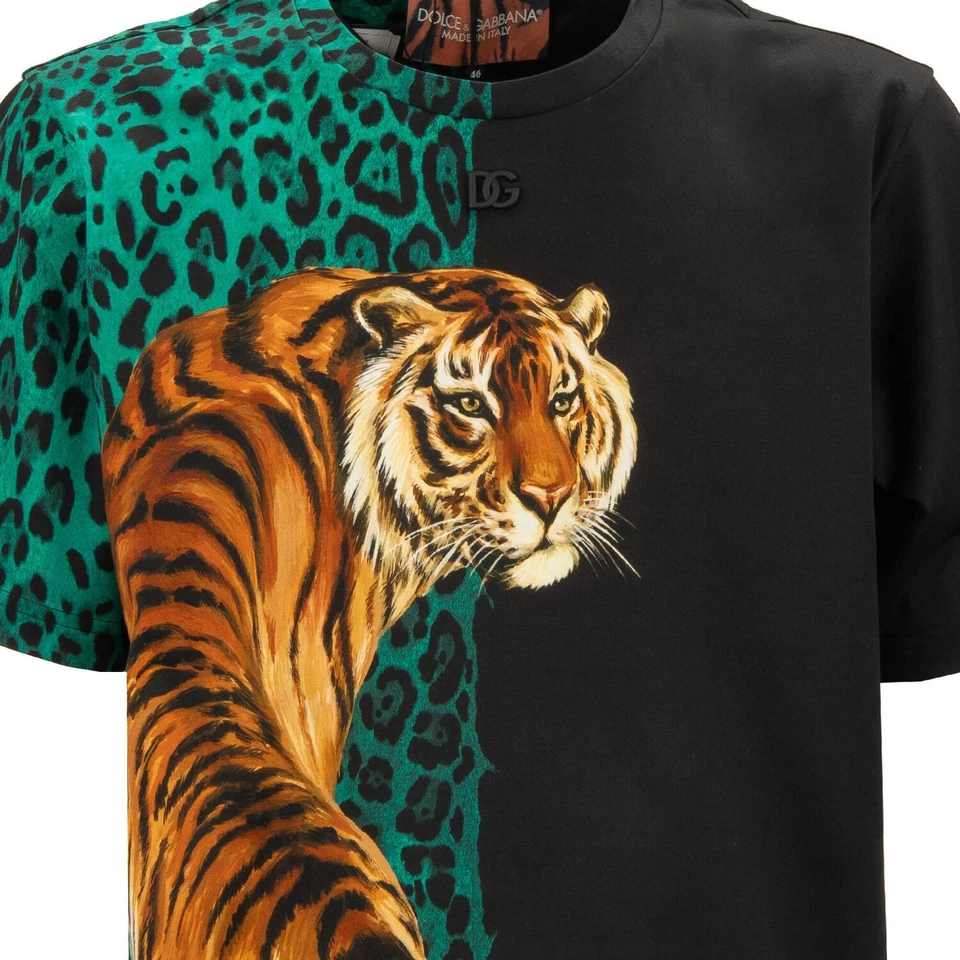 DOLCE & GABBANA леопард Tiger DG логотип негабаритный хлопок футболка зеленый черный - Изображение 3 из 4