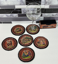 PERU Set of 6 Coasters Leather Round Hand-made Serrated Edge Cultural Scenes
