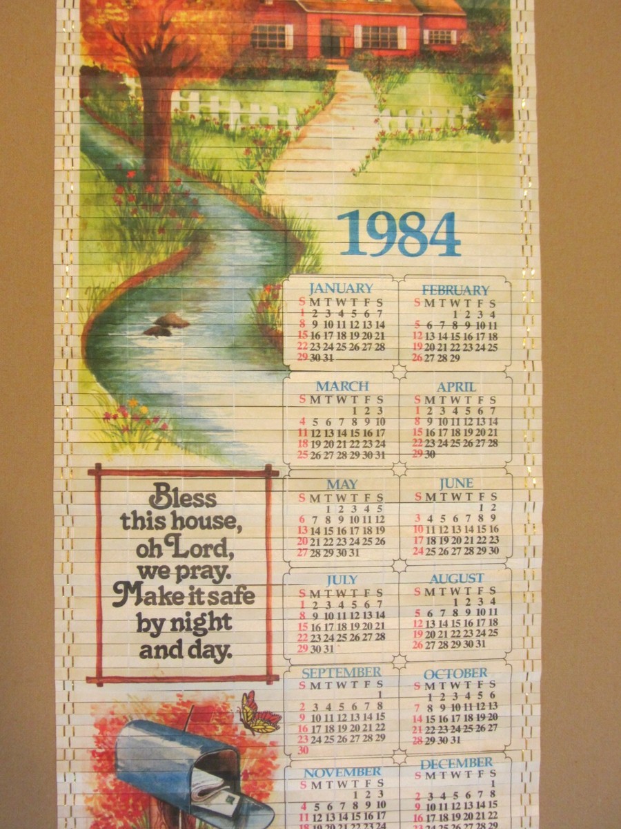 Vintage Reversible Wooden Wall Scroll 1984 Calendar ~ 32