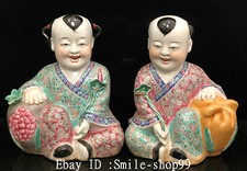 10.6" Old Qing Dynasty Famille Rose Porcelain Boy Tongzi People Statue Pair