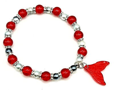 7.75'' Glass Mermaid Tail Stretch Bracelet- Red & Faux Pearl Beads & Rhinestones