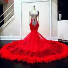 Mermaid Prom Dresses Crystals Beaded Sheer Backless Long Sleeves Pageant