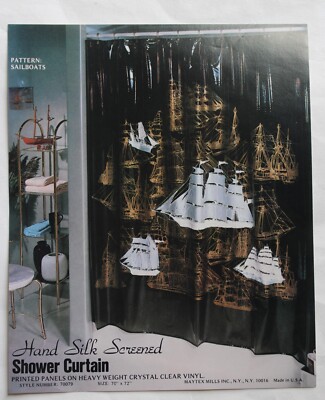Maytex Mills Sailboat Shower Curtain Vinyl Schooner Ship Black & Gold USA NOS