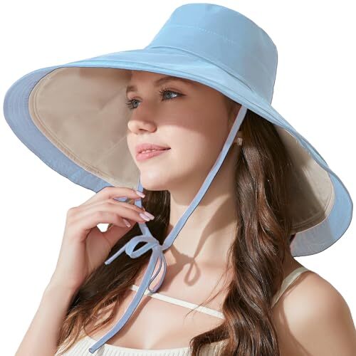 Sombrero para el sol de ala ancha para mujer de 7", grande plegable protector UV X-grande azul/blanco - Imagen 1 de 6