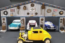 3 BAY GARAGE FRONT DIORAMA DISPLAY FOR YOUR CARS, 1:18 SCALE, HAND CRAFTED, NEW