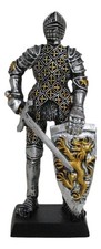 Medieval Knight In Suit Of Armor With Sword Lion Heraldry Shield Mini Figurine