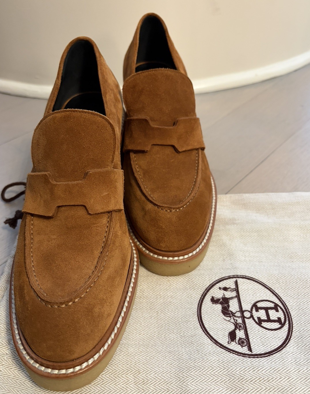 Hermès Didi Suede Loafer Camel 41 Thick bottom Rubber sole