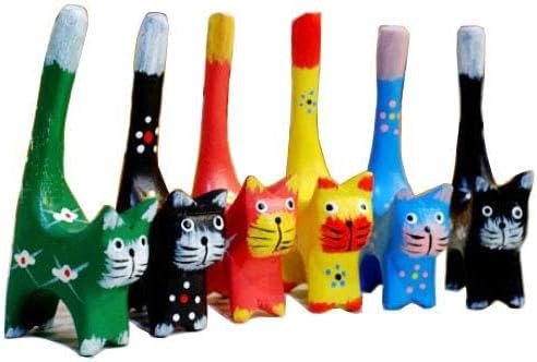 Set of 6 Long Tail Kitty Cat Figurine Decorative Carved Wooden Fgiures... - Picture 2 of 7