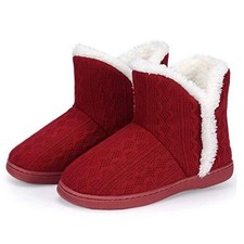 Women Warm Bootie Slippers Fluffy Plush Indoor Outdoor Winter 7-8 Knit Red