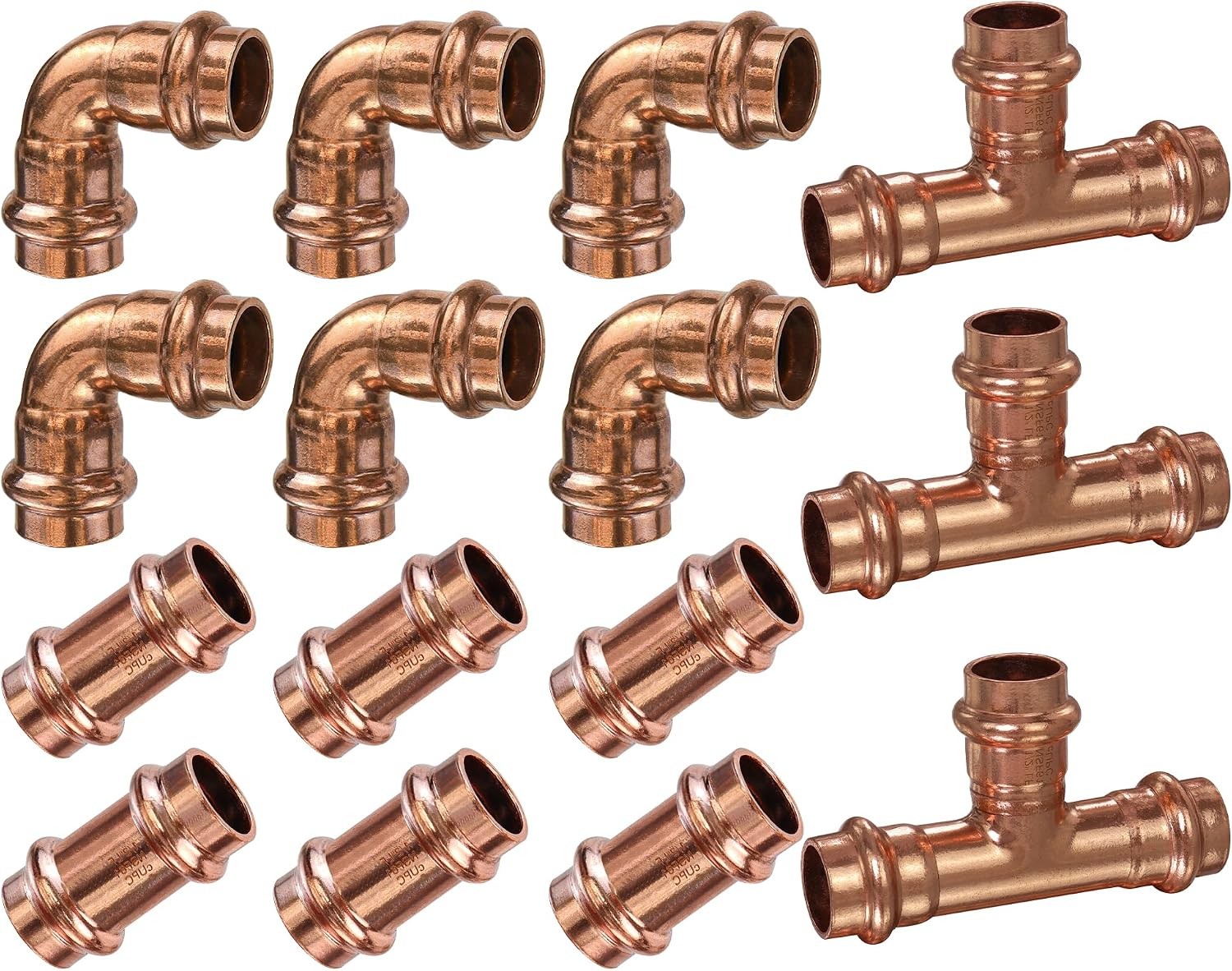 Copper Press Fittings 1/2inch Kit,6pk Copper Coupling&6pk 90 Elbow&3pk Tee