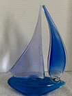 Vtg Blue Blown Glass Sailboat Murano Style Beautiful Piece Of Art 10" high x 7"