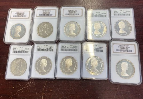 Silver dollars Lot Of 10 Canadian Dollars. 9 Proofs 1 UNC All ANACS And NGC