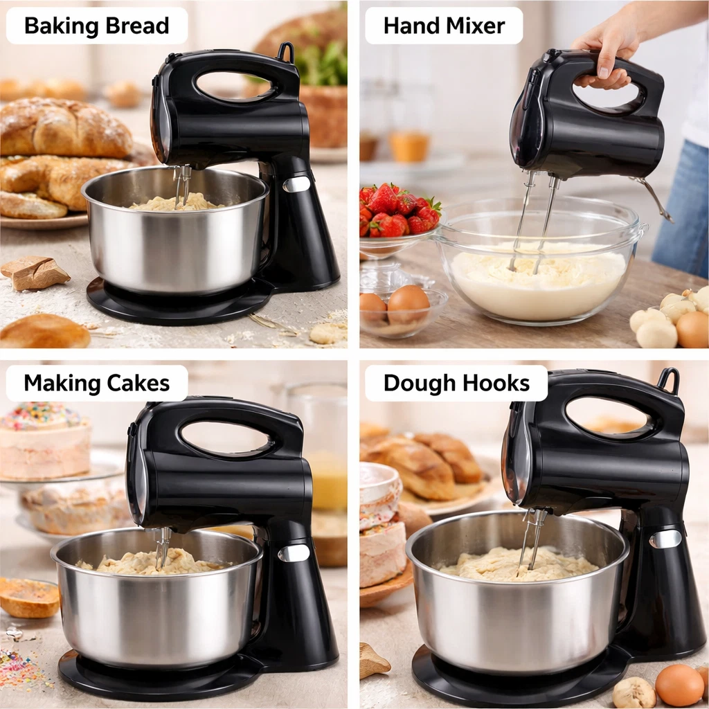 3L Stand Mixer 300W Black with Hand Mixer Function, 5 Speed, Dough Hooks