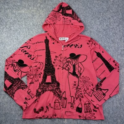 Keren Hart Zip Up Hoodie Sweatshirt Sz 1X Red Paris Graphic Art Beaded Cotton