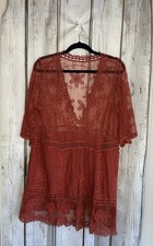 Red/orange Lace Crochet Boho Folk Tunic Blouse Top Cover-Up Womens OS