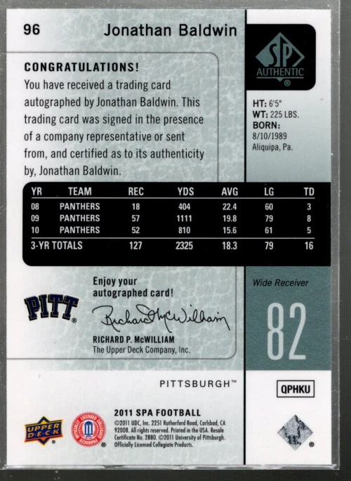 B3818- 2011 SP Authentic Autographs #96 Jonathan Baldwin A Auto SAMPLE PIC - Image 2 of 2