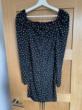 Black Polka Dot White Ruched Long Sleeve Dress Tight  Pretty Little Thing UK 6