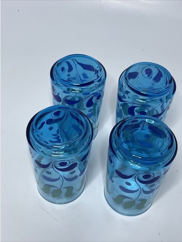 Vintage MCM Juice Drinking Glasses Blue w/Ombre Tulip Flowers 4pc Set Retro Aqua - Picture 5 of 6