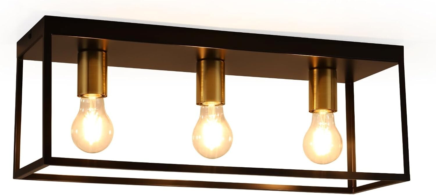 Luminaire Plafonnier Métal Noir et Finition Dorée 3xE27 Style Industriel Chic