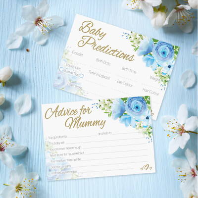 Andenken Karten, Vorhersage, Ratschläge - Blumen, Blau, Junge, Baby, Mama, Babyparty