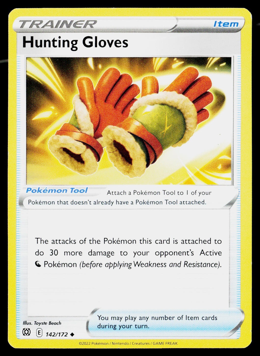 Hunting Gloves, 142/172, Pokemon Trainer Trading Card, Item