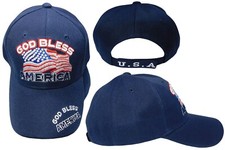 God Bless America USA Wavy Flag Navy Blue Adjustable Embroidered Hat Cap