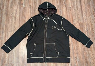 True Religion Big T mens black full zip hoodie with white trim
